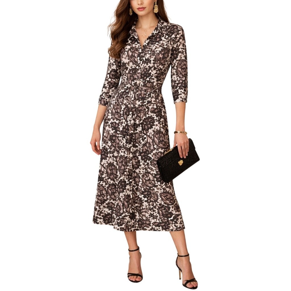 SAMANTHA‎ SUNG Women's Floral Long Sleeve Collared Button Front Midi Dress Sz 14